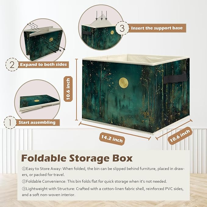 Dark Enchanted Forest Full Moon Storage Box Bins, Mystical Moonlit Night Forest Collapsible Storage Basket Organizer for Bedroom Laundry Room Home Clothes Books, Decor for Room