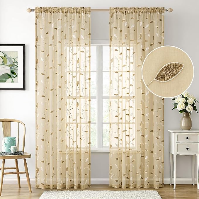 MIULEE Beige Sheer Curtains 2 Panels Embroidered Leaf Patterned Rod Pocket Floral Semi Sheer Faux Linen Window Curtains Drapes Set for Living Room Bedroom Dining Room, 52x84 Inches Long