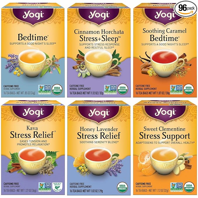 Yogi Tea Stress Relief & Herbal Tea Variety Pack - 16 Bags per Pack (6 Packs) - Organic Herbal Sampler - Includes Bedtime, Kava Stress Relief, Soothing Caramel Bedtime & More