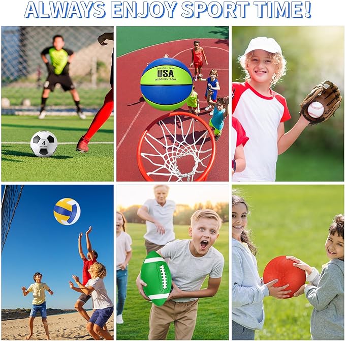 Deekin 12 Pcs Assorted Sport Ball Set Official Size Basketball, Football, Volleyball, Soccer, Baseball, Playground Ball with Bag and Pump Gift for Kid Youth Adult Back to School