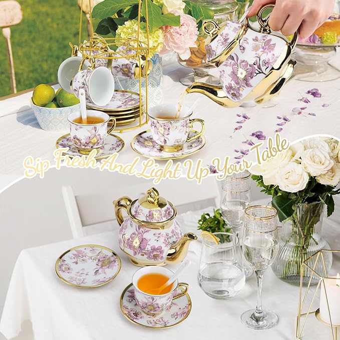 20 Pcs Porcelain Tea Set With Metal Holder,European Ceramic Tea Set for 6,Beautiful Tea Cup Gift Sets for Home&Party (Purple)