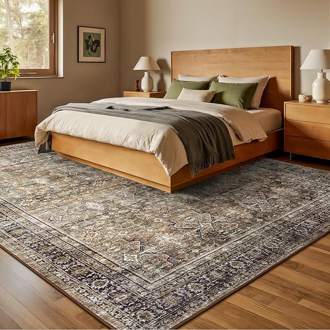 10x14 Area Rugs for Living Room, Non-Slip Washable Brown Large Carpet | Soft Area Rugs for Bedroom, Dining Room, Home Office Indoor Nursery, Stain Resistant, Low Pile, Vintage Distressed Rug