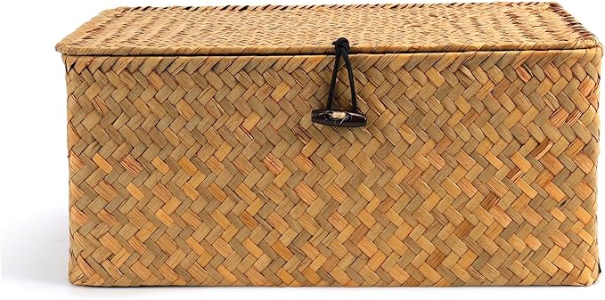 Nonam Small Basket with Lid, Natural Seagrass Bin with Lid, Shelf Baskets Multipurpose Container for Boho Decoration, Rectangular Household Storage Boxes for Home Organization-Natural