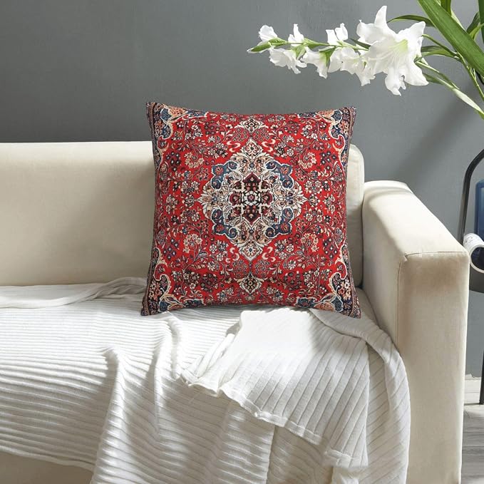 Red Blue Sarouk Persian Carpet Print Pillow Covers Decorative Square Throw Pillowcase 18x18 Inch Couch Cushion Cover for Home Decor Living Room Bedroom College Dorm Bed Car Sofa