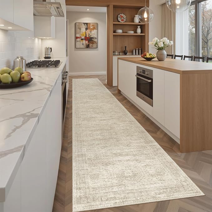 Soalmost Runner Rug 2x12 Washable Non-Slip Hallway Kitchen Runners Beige | Stain Resistant Vintage Rugs for Bathroom Laundry Room, Low Pile Foldable Floor Carpet Mat for Entryway Corridor Bedroom
