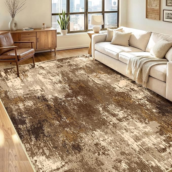 RELEANY Washable 5'x7' Abstract Area Rug for Living Room Brown Tan | carpet for bedroom, kitchen, office, hallway and entryway, printed pattern, non-slip, soft, stain-resistant, easy to clean