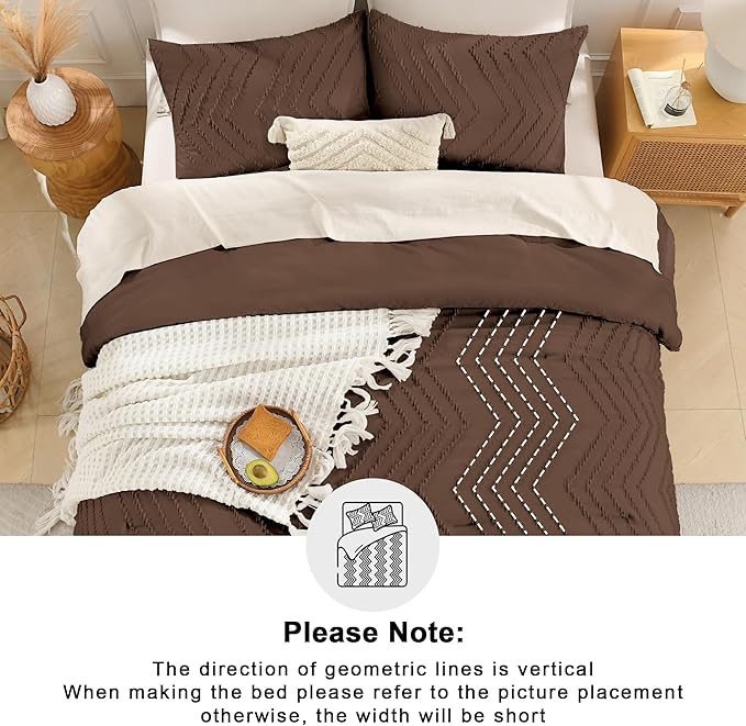 Andency Brown Comforter Set Queen Size, Boho Soft Warm Tufted Bedding Comforter Sets for Queen Size Bed, 3 Pieces Aesthetic Chevron Farmhouse Cute Bohemian Textured Bed Set