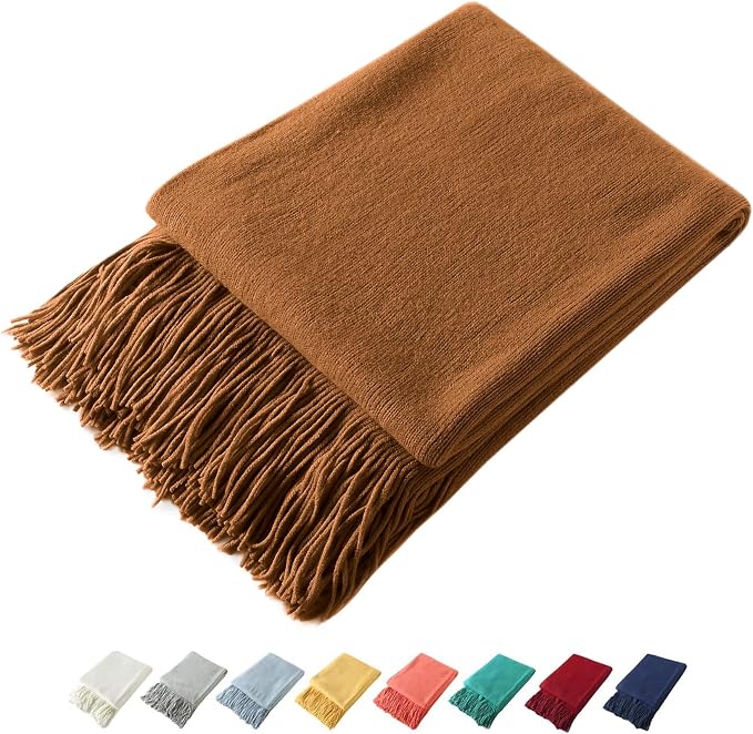 Homiest Camel Brown Knitted Throw Blanket with Fringe, 50x60 Inch | Pure Acrylic, Lightweight & Breathable, All-Season Use, Machine Washable, Wrinkle & Fade Resistant, for Couch Sofa And Bed