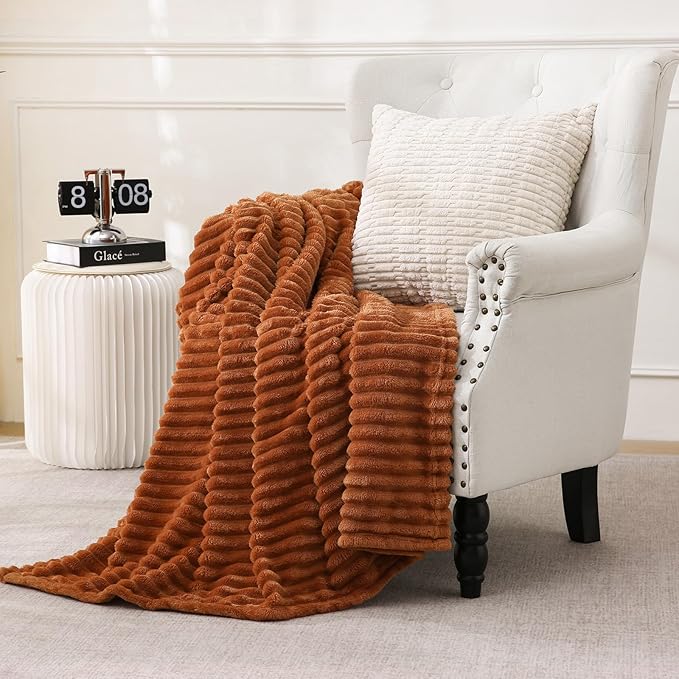Burnt Orange Fleece Throw Blanket 50”×60” for Couch Sofa Livingroom | Linecooo Super Soft Cozy Plush Microfiber Flannel Bed Blanket Striped Design Lightweight Home Decor Gifts for Adult Mom Women