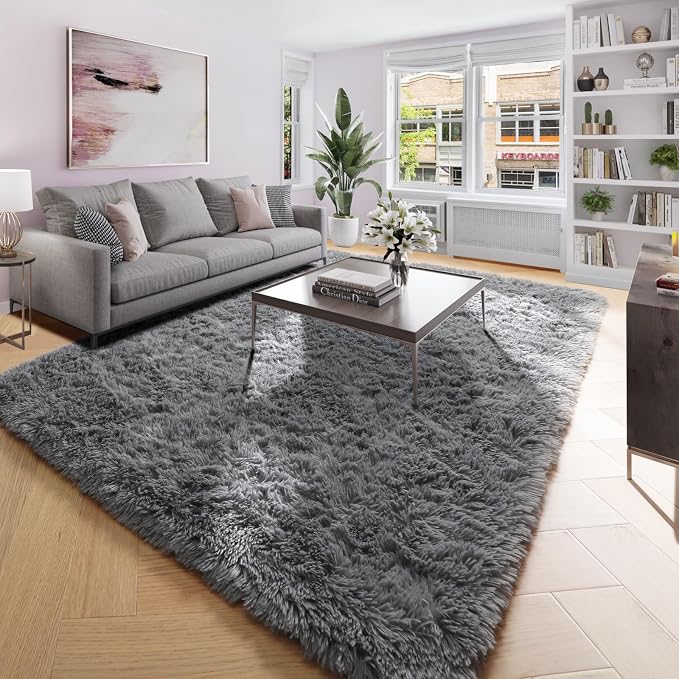 Amdrebio Grey Shag Furry Fuzzy Area Rug 5x8 for Bedroom Living Room Nursery | Plush Shaggy Fluffy Soft Carpet, Classroom Dorm Office Playroom Decor, Modern Neutral Aesthetic, Baby Kids Toddler Corner
