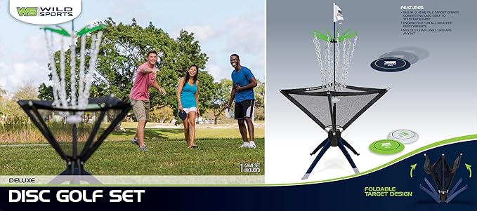 Wild Sports Disc Golf Set - Black, 5 ft Tall - All-Weather Basket for Lawn Games - Portable Disc Golf Basket with Carry Bag - Starter Kit with 3 Throwers & Accessories