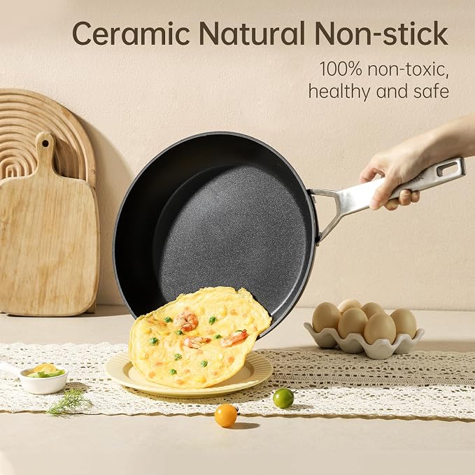 MsMk 12 Inch Nonstick Frying pan with Lid, Grey Large Cooking Pan Skillet | Non Toxic, Even Heating, Easy Clean, Dishwasher & Oven Safe, suitable for gas & electric & induction stoves, PFOA & PFAS Free