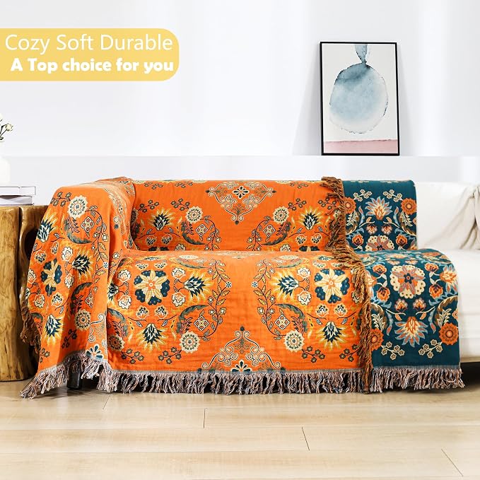 VANJOROY Boho Large Throw Blanket, 100% Organic Muslin Cotton Breathable Soft Bed Throw - Floral Farmhouse Decor Blanket for Sofa Couch Chair and Gift. 80" x 90"- Orange