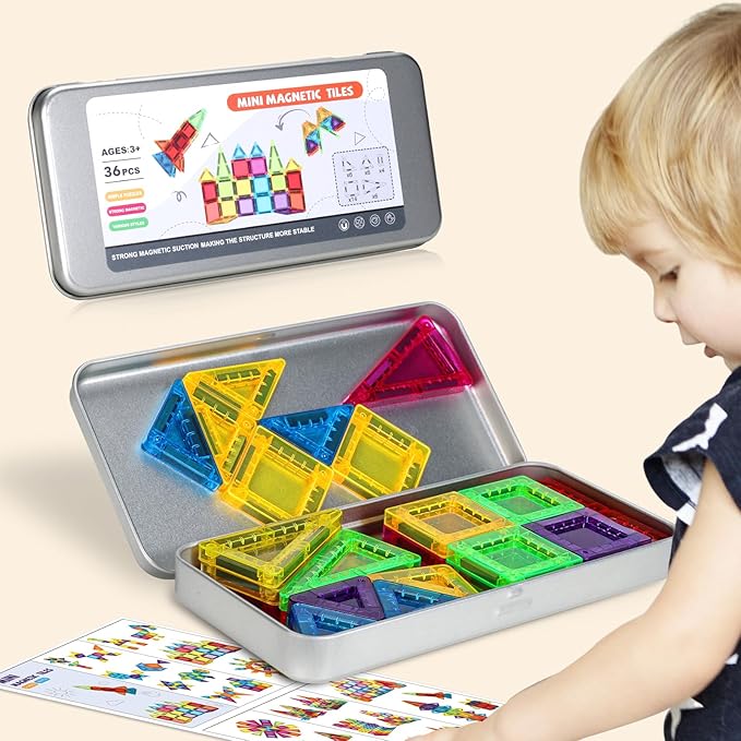 Mini Magnetic Tiles with Iron Box for Kids Ages 3-5,Travel Magnet Mini Building Blocks Plane Toys for Boys Girls Toddlers Preschool STEM Construction Christmas Birthday Gifts -36PCS