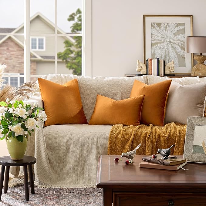 GIGIZAZA Orange Velvet Pillow Covers 16x16 Decorative Pillows Pack of 2 | Throw Pillows for Couch Sofa,280gsm Soft Textured Fabric,Modern Square Pillowcases,Luxury Cushion Covers