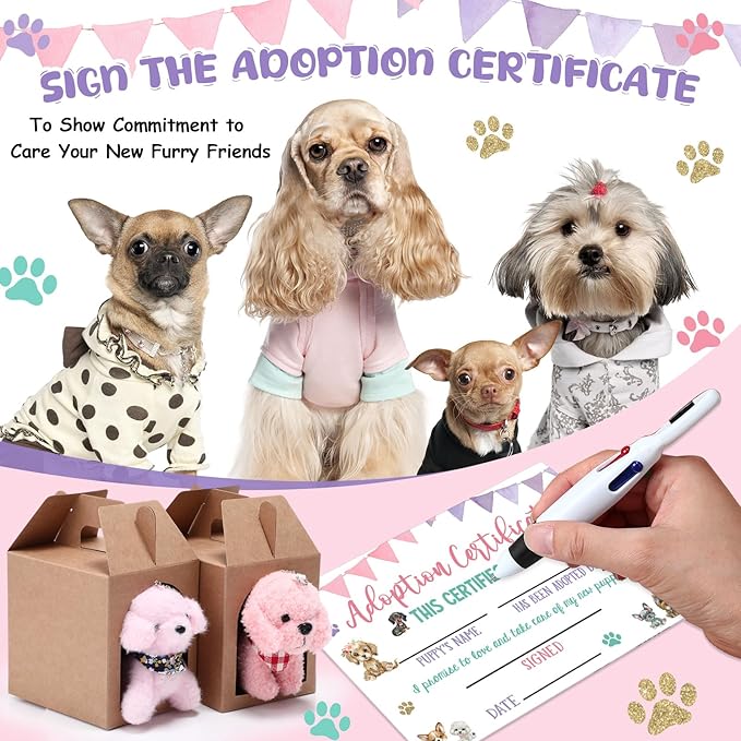 84 Pcs Adopt a Pet Party Favors 24 Mini Plush Stuffed Animals 10 White Plastic Fence 24 Paper Gift Boxes 24 Adoption Cards with Mini Chalkboard and Artificial Lawn(Dog)