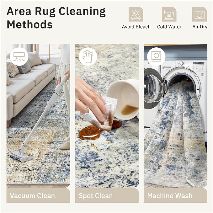 Soalmost Abstract Area Rug 6x9 for Living Room Washable Rugs Blue/Yellow | Non-Slip Low-Pile Carpet for Dining Bedroom, Foldable Thin Vintage Stain Resistant Floor Mat Under Table Home Office Nursery