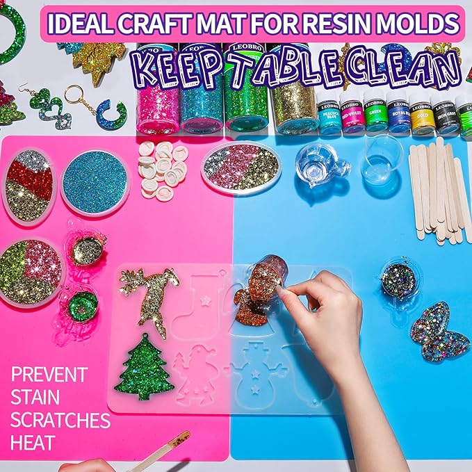 LEOBRO Silicone Mat for Resin Molds, 2 PCS 15.7" x 11.7" Playdough Mat, Silicone Mats for Crafts, Jewelry Resin Molds Mats, for Clay, Paint, Blue & Rose Red