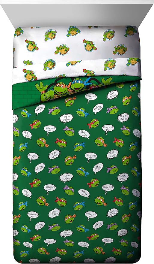 Jay Franco Nickelodeon Teenage Mutant Ninja Turtles Green Bricks 7 Piece Bed Set-Includes Reversible Comforter & Sheet Set Bedding-Super Soft Fade Resistant Microfiber Official Nickelodeon Product