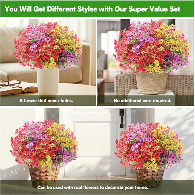 Artificial Flowers for Outdoor,42 Pack(Mixed) | Silk Flowers Flowers UV Resistant Faux Plants for Outside Front Porch Hanging Planter Window Box Garden Home Decoration
