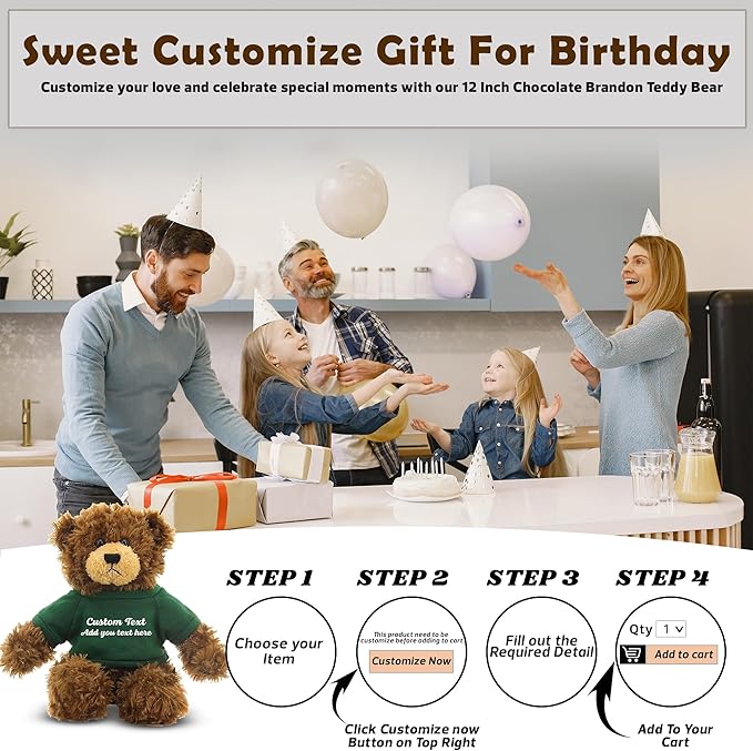 Customized Chocolate Brandon Bear - 12 inch Personalized Stuffed Bear Plush Toy - Perfect Custom Shirt Bear Gift for Graduation Valentines Graduation Easter Holidays (Green Shirt)
