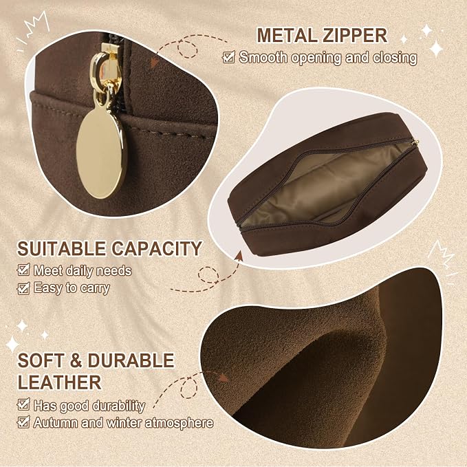 UIXIZQ Waterproof Small Makeup Bag for Purse,Cute Pouch Preppy Suede Makeup Brush Holder with Zipper,Girls Teens Portable Storage Case Small Travel Toiletry Bag for Office(Slim-Coffee)