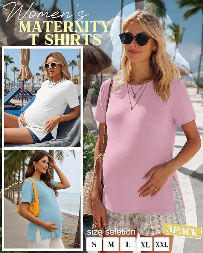 Ficerd 3 Pack Women's Maternity T Shirts, Short Sleeve Side Split Pregnancy Tops Casual Crew Neck Pregnant Tees Mama Clothes