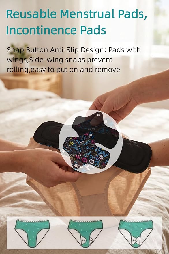 Pure Cotton Pads Sanitary Napkins,Washable Menstrual Pads,Reusable Incontinence Pads,with 1 Storage Bag,Panty Liners Pads Period for Women/Postpartum/Incontinence Patients.Black 2*（S+M+L）