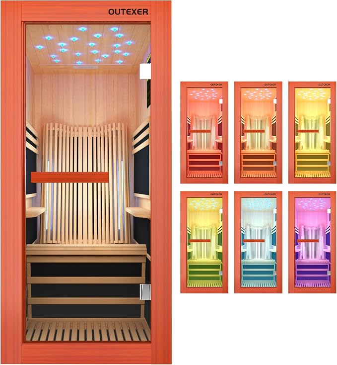 OUTEXER Infrared Sauna 1495W Wooden Saunas Spa Room Pacific Clear Cedar Wood Single Person Indoor Saunas with Special Shaped Comfortable Backrest 32.68 * 47.24 * 69.29 Inch