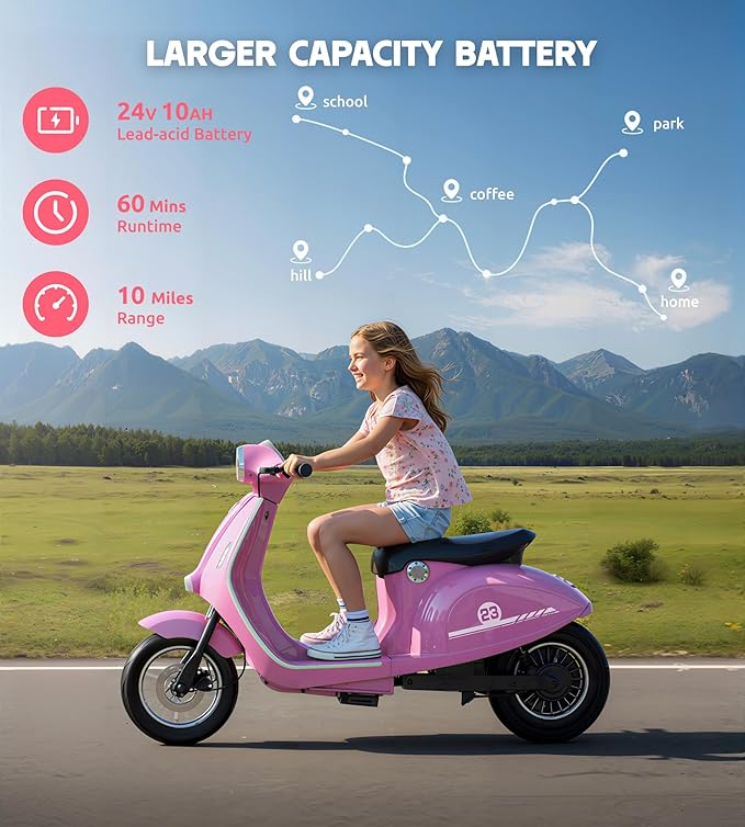Kids Motorcycle, 2 Wheel Electric Motorcycle for Girls Ages 8-14, 24V Ride on Toys with Music, Story, Headlight, 3 Speed Options, Up to 60min Ride Time, for Riders up to 143 lbs, Easy Assemble, Pink