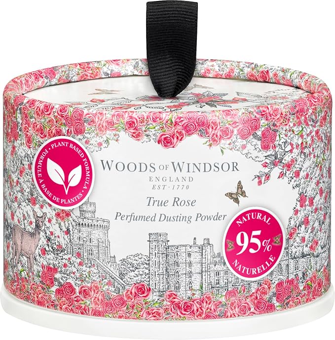Woods of Windsor True Rose Odour Control Dusting Powder Puff 0.22 lb | Floral Body Talcum Powder, Helps Reduce Chafing, 95% Naturally Derived Ingredients, Vegan and Cruelty Free