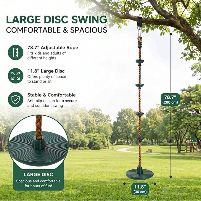 ZENFUN Climbing Rope with Platform and Disc, Tree Swing Seat Set Outdoor Playground Accessories Including Bonus Hanging Strap & Carabiner, Secure Trees House Swings, Gym Backyard, Max Load: 220lb