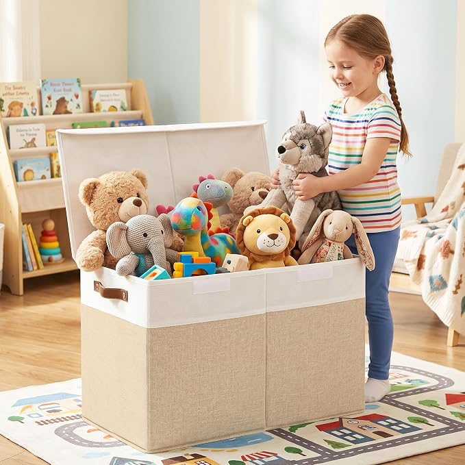 Large Toy Storage Box with Lids, Collapsible Sturdy Baby Storage Organizer Chest Bin Basket for Kids, Boys, Girls, Playroom, Nursery, Bedroom, Closet 25"x13"x16" (Beige and White)