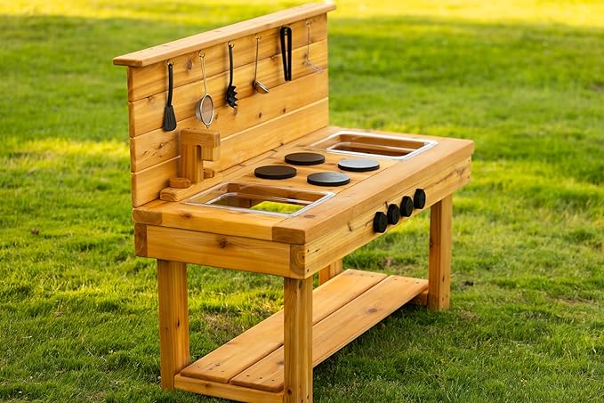 Noble Toys XL Cedar Outdoor Mud Kitchen Centered with Backsplash and Stovetop for Toddlers Kids | Pretend Play Table | Sensory Table | Outside Playset | Real Wooden Kitchens | Preschool Equipment