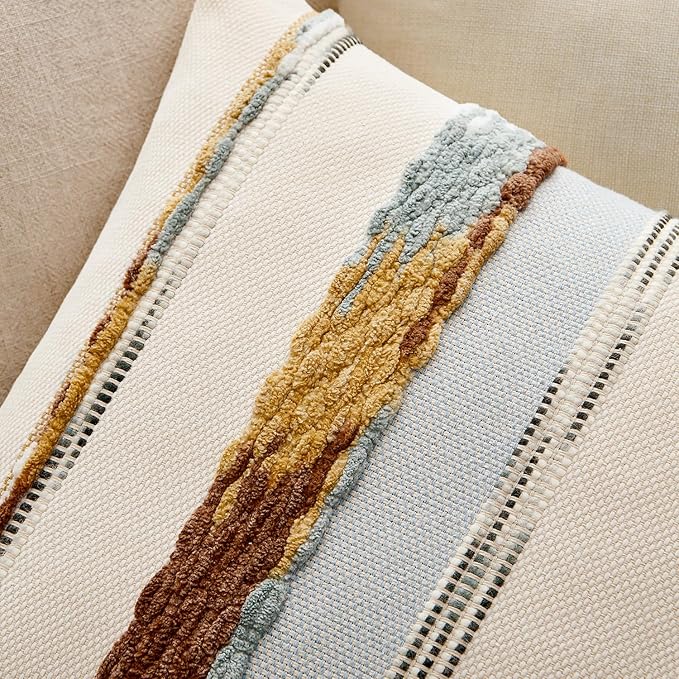 ANRODUO Boho Decorative Pillow Covers 18x18 Blue-Earth Tones Pack of 1 | Throw Pillow Covers, Farmhouse Cushion Case, Chenille Pillow Cases, Pillow Covers, Neutral Pillowcase for Sofa Couch Bed
