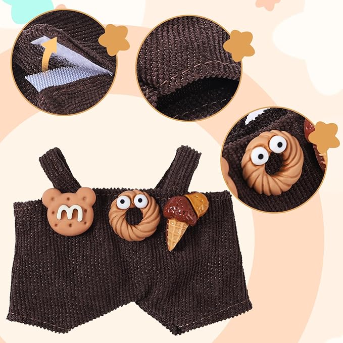 17cm Doll Clothes Set 3Pcs - Chocolate Donut Overalls, Hat & Bow, Brown Cute Outfit for 6-7inches Dolls (NO Doll) Sweet Style Dress Up Accessories