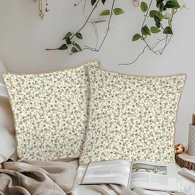 KSLIDS Sage Green Beige Floral Soft Velvet Throw Pillow Covers Set of 2 Vintage Brown Flower Decorative Pillow Covers 20x20 Inch Rustic Pillow Case for Sofa Couch Bedroom Farmhouse Home Decor