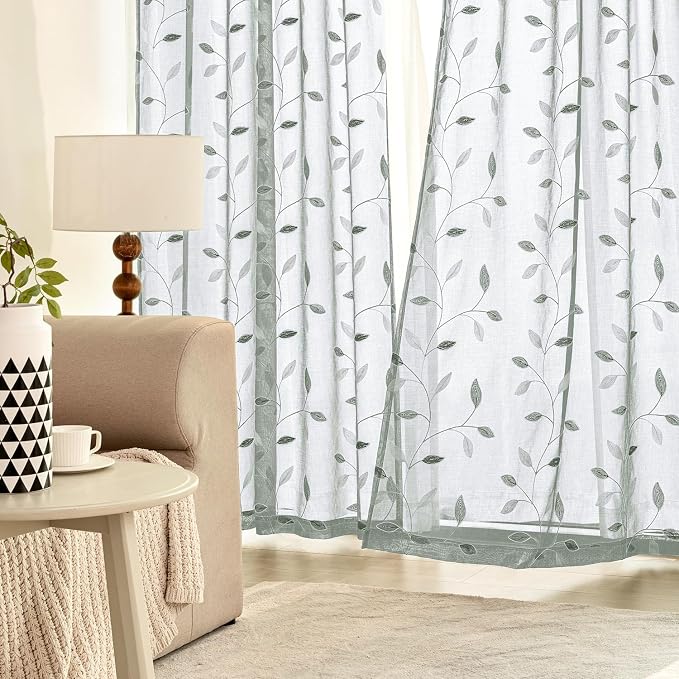 MIULEE Sage Sheer Curtains 2 Panels Embroidered Leaf Patterned Rod Pocket Floral Semi Sheer Faux Linen Window Curtains Drapes Set for Living Room Bedroom Dining Room, 52x84 Inches Long