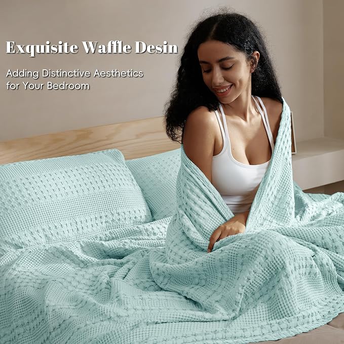 PHF 100% Cotton Waffle Weave Blanket King Size, Lightweight Breathable Summer Blanket for Hot Sleepers, Pre-Washed Soft Layer for Bed, Couch, Home Decor Gift, 108"x90", Mint