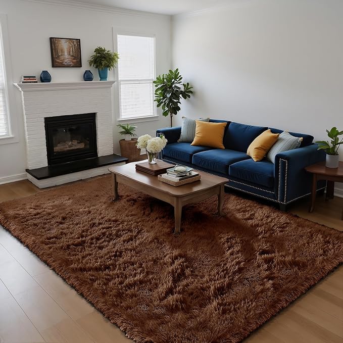 yongyangjuxin Fluffy Rug Shag Area Rug, Brown 6x9 Area Rugs for Living Room, Large Shag Area Rugs for Bedroom Room Home Decor, Upgrade Anti-Skid Rectangular Fuzzy Rugs