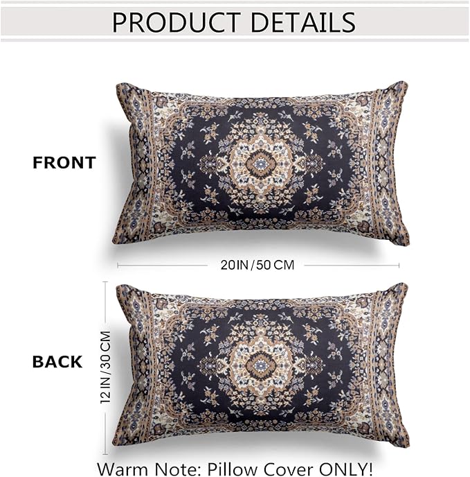 Snycler Boho Throw Pillow Covers 12x20 inch Set of 2 Black Medallion Border Area Rug Double Sided Pattern Cotton Soft Pillow Case Cushion Cover Pillowcase for Couch Sofa Bed Decorative