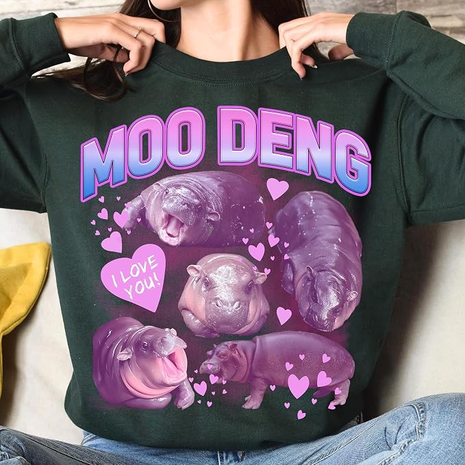 YOUNG GREEN Moo Deng Cute Sweatshirt Moo Deng Bouncy Pig T-Shirt The Cute Baby Hippo Sweatshirt Gift For Womens