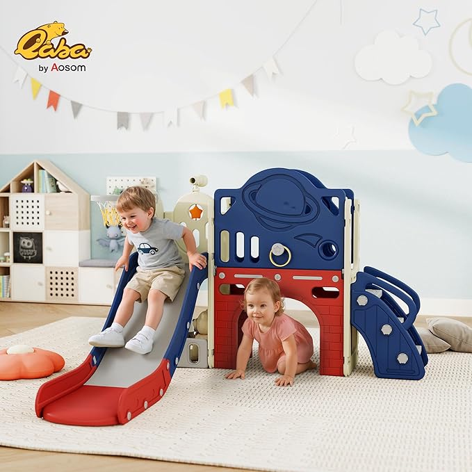 Qaba 8 in 1 Toddler Slide Set, Kids Climber Slider with Basketball Hoop and Ball, Ring Toss, Telescope, Storage, Outdoor Indoor Playground for Toddlers Aged 1-6