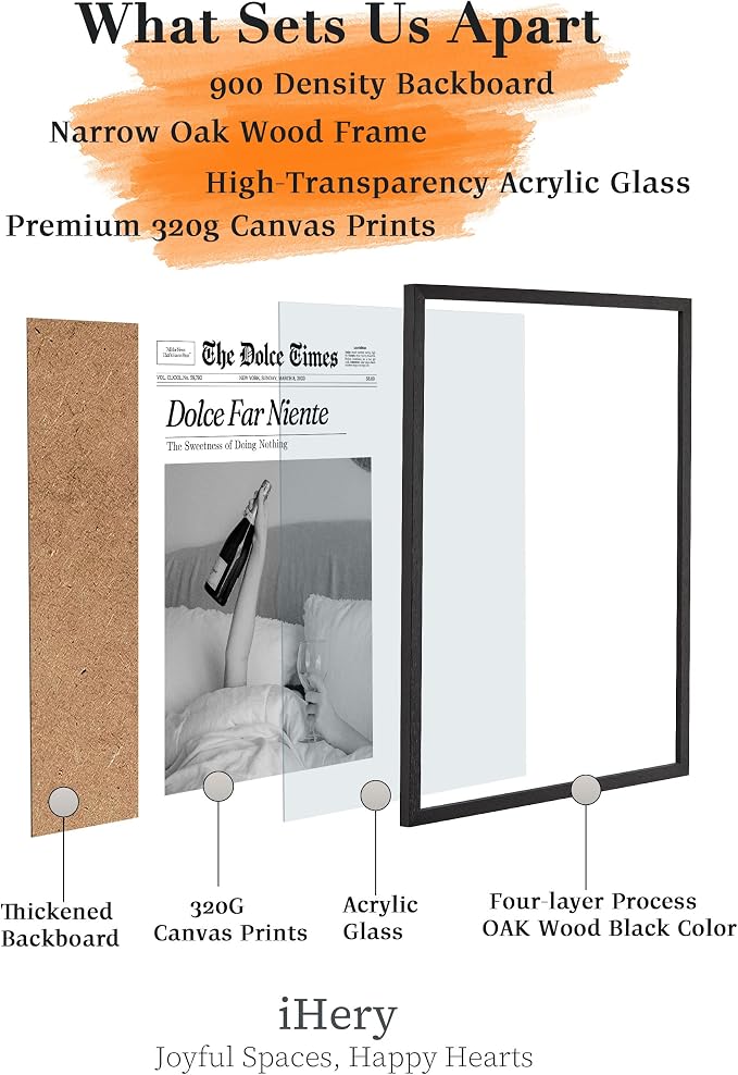 iHery 16x20in Dolce Far Niente Black Framed Newspaper Wall Art | Premium Black Natural OAK Wood Frame with Canvas Print, The Sweetness of Doing Nothing Decor for Bedroom, Living Room 1Pack