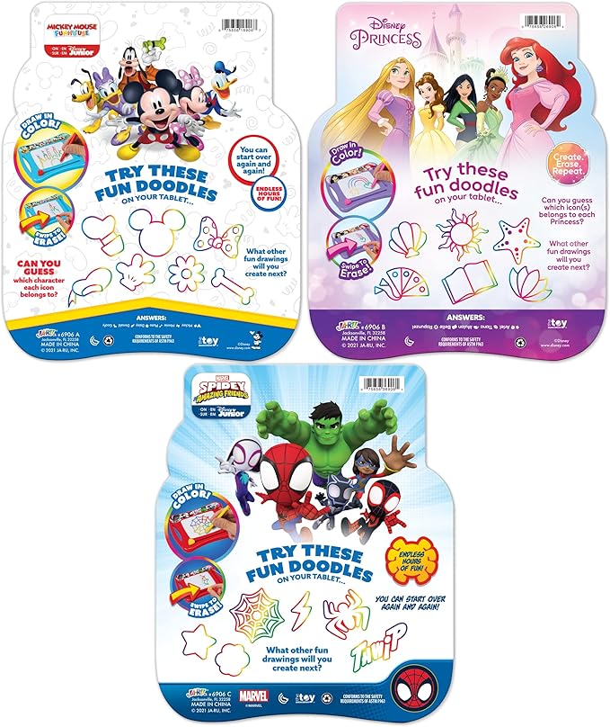 JA-RU Disney & Marvel Magnetic Drawing Board for Kids (3 Units Assorted) Disney Princess, Mickey Mouse, Spiderman. Mess-Free Car Ride Activities. Preschool Learning Toys. ABC-6906-3s