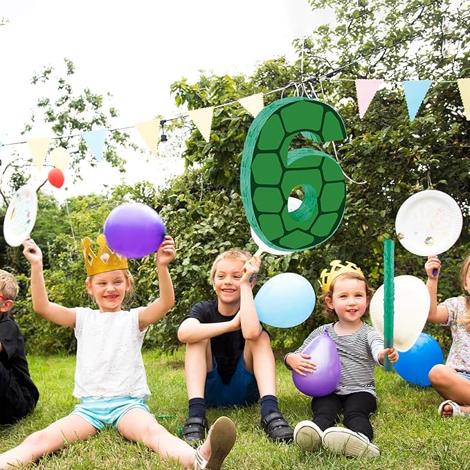 16 Inch Turtle Number 6 Pinata, Turtle Birthday Decorations, Turtle Theme Pinata with 16 Inch Stick Blindfold Confetti for Boy Girl Kids 6th Birthday Party Supplies(6th)