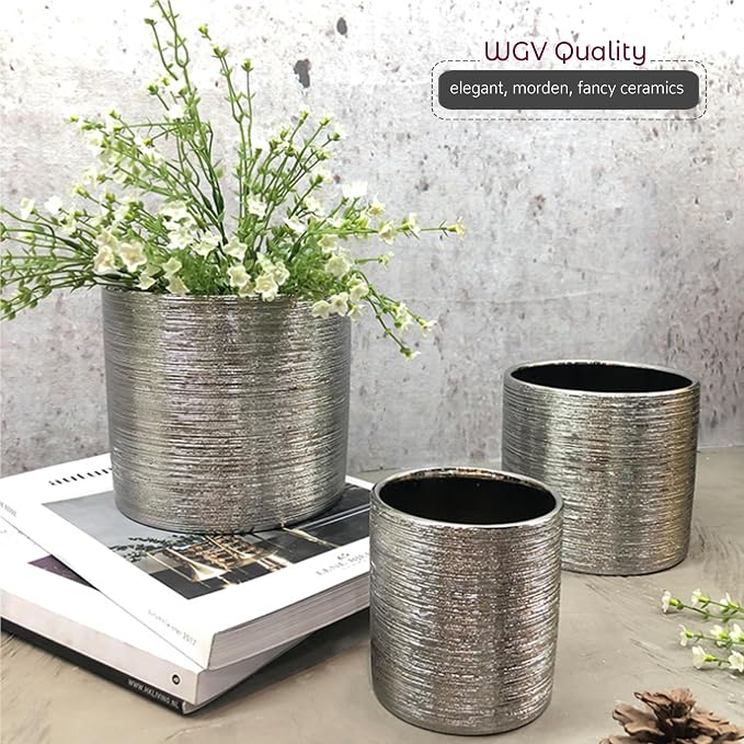 WGVI Silver Etched Ceramic Cylinder Vase Width 3.75" Height 4", Flower Arrangements, Candle Holder, Terrarium Planter Pot, Storage Container Organizer, Pen Brush Holder, Scratched Texture, 6 Pcs