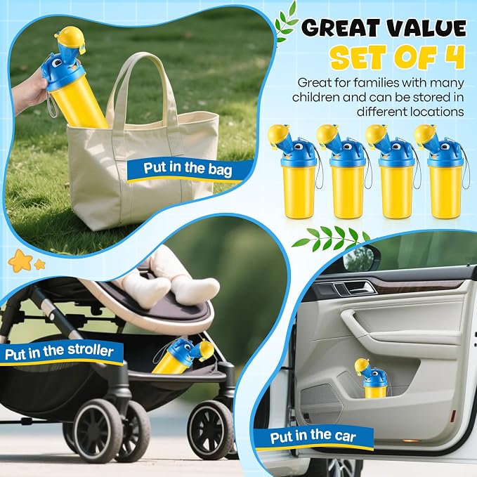 Saillong 4 Pack Portable Urinal for Kids, 17 OZ Travel Potty Urinal for Boys with 4 Clean Brush, Leak Proof Portable Pee Bottle, Boy Emergency Toilet for Kids Outdoor Car Travel Camping Potty Training