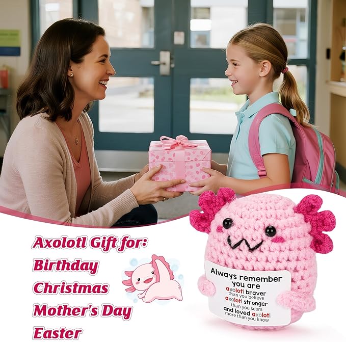 Emotional Support Plush Crochet Axolotl, Mini College Care Package Teen Girl Gifts Trendy Stuff for 5 6 7 8 9 10 11 13 Year Old Girl Birthday & Christmas, Stocking Stuffers