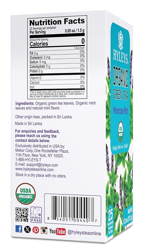 HYLEYS Organic Green Tea, Moroccan Mint Flavor - 25 Individually Wrapped Tea Bags - USDA Organic - Kosher & Vegan